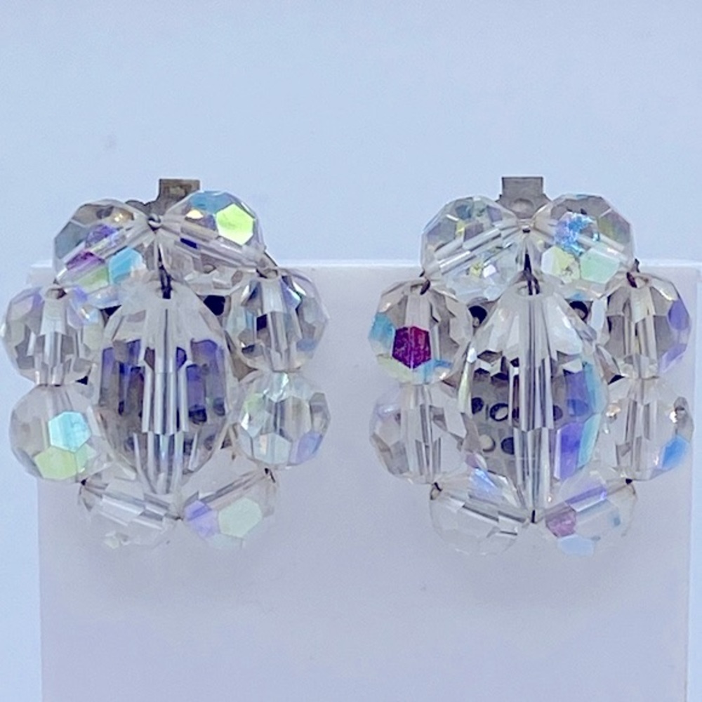 Vintage Aurora Borealis Crystal Unusual Oval Shaped Bead Clip On Earrings # 7